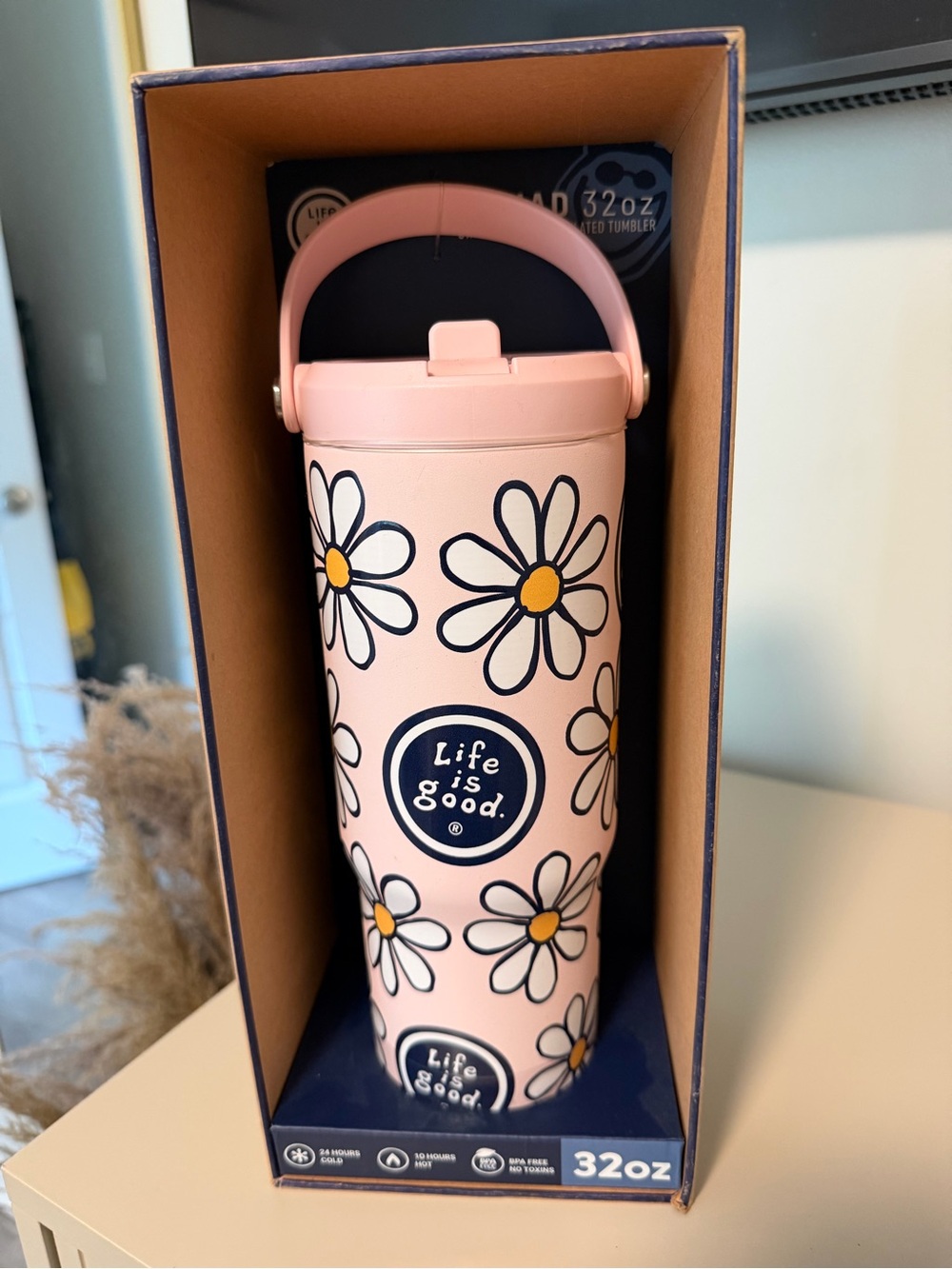 Life Is Good Pink Daisy Kids Tumbler with Handle